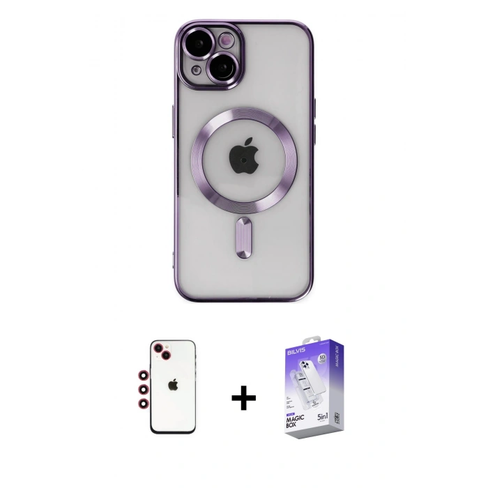 MARSİLYAN™- iPhone 14 Kılıf Nova Işık Özel Seri - Siyah Bilvis 5in1 3D Magic Cam Ekran Koruyucu + Shine Kamera Lens - KI