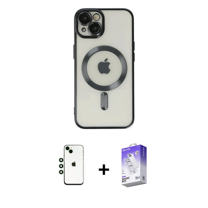 MARSİLYAN™- iPhone 14 Kılıf Nova Işık Özel Seri - Siyah Bilvis 5in1 3D Magic Cam Ekran Koruyucu + Shine Kamera Lens - YL