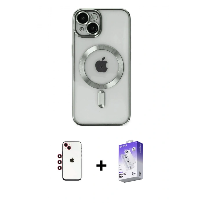 MARSİLYAN™- iPhone 14 Kılıf Nova Işık Özel Seri - Siyah Bilvis 5in1 3D Magic Cam Ekran Koruyucu + Shine Kamera Lens - KI