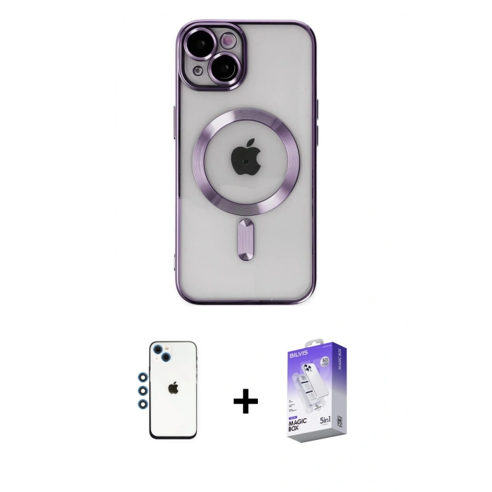 MARSİLYAN™- iPhone 14 Kılıf Nova Işık Özel Seri - Siyah Bilvis 5in1 3D Magic Cam Ekran Koruyucu + Shine Kamera Lens - MI