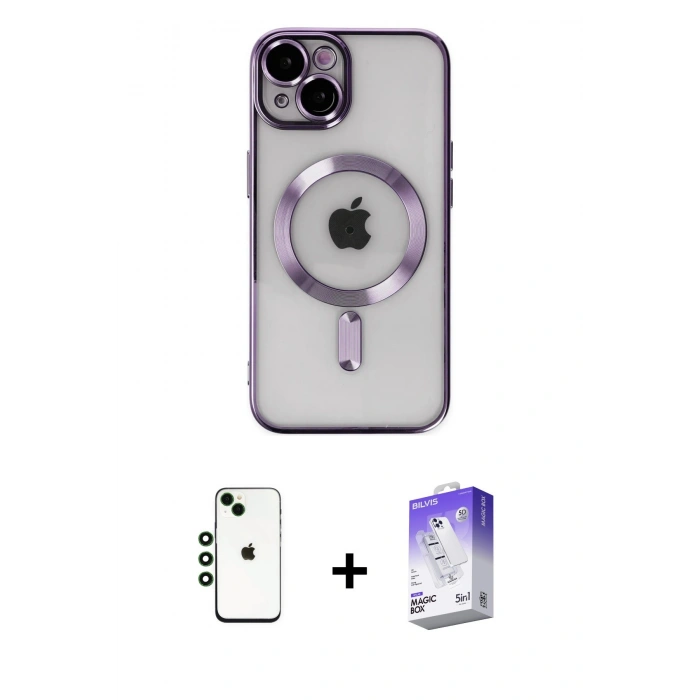 MARSİLYAN™- iPhone 14 Kılıf Nova Işık Özel Seri - Siyah Bilvis 5in1 3D Magic Cam Ekran Koruyucu + Shine Kamera Lens - YL