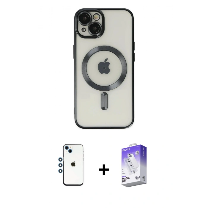 MARSİLYAN™- iPhone 14 Kılıf Nova Işık Özel Seri - Siyah Bilvis 5in1 3D Magic Cam Ekran Koruyucu + Shine Kamera Lens - MI