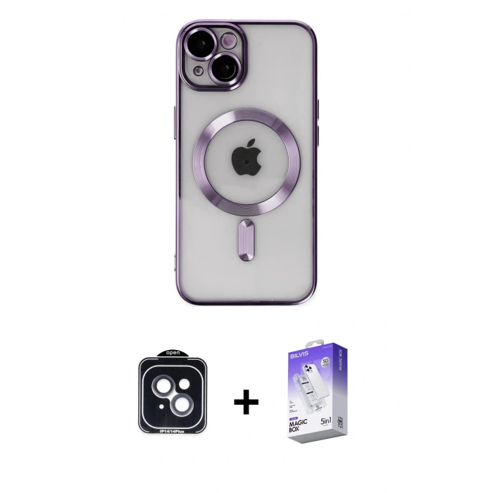 MARSİLYAN™- iPhone 14 Kılıf Nova Işık Özel Seri - Siyah Bilvis 5in1 3D Magic Cam Ekran Koruyucu + Siyah PVD Metal Kamera Lens