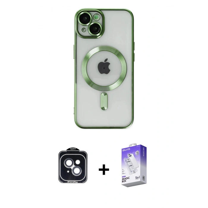 MARSİLYAN™- iPhone 14 Kılıf Nova Işık Özel Seri - Siyah Bilvis 5in1 3D Magic Cam Ekran Koruyucu + Siyah PVD Metal Kamera Lens