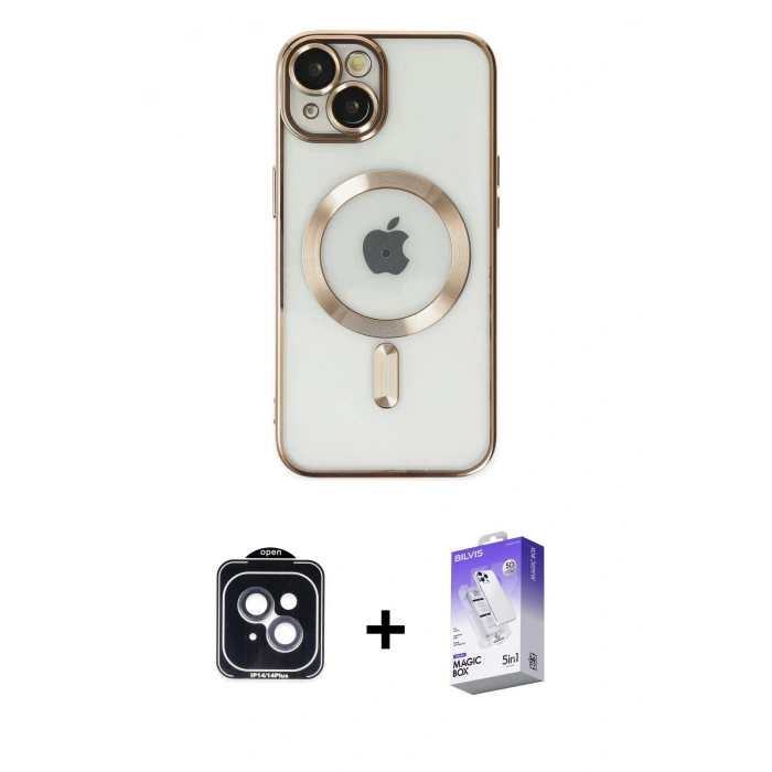 MARSİLYAN™- iPhone 14 Kılıf Nova Işık Özel Seri - Siyah Bilvis 5in1 3D Magic Cam Ekran Koruyucu + Siyah PVD Metal Kamera Lens