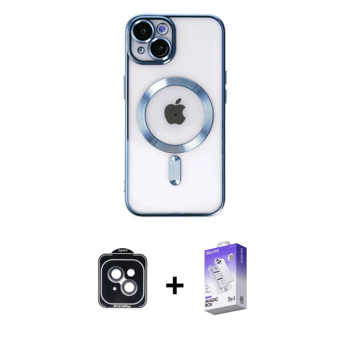 MARSİLYAN™- iPhone 14 Kılıf Nova Işık Özel Seri - Siyah Bilvis 5in1 3D Magic Cam Ekran Koruyucu + Siyah PVD Metal Kamera Lens