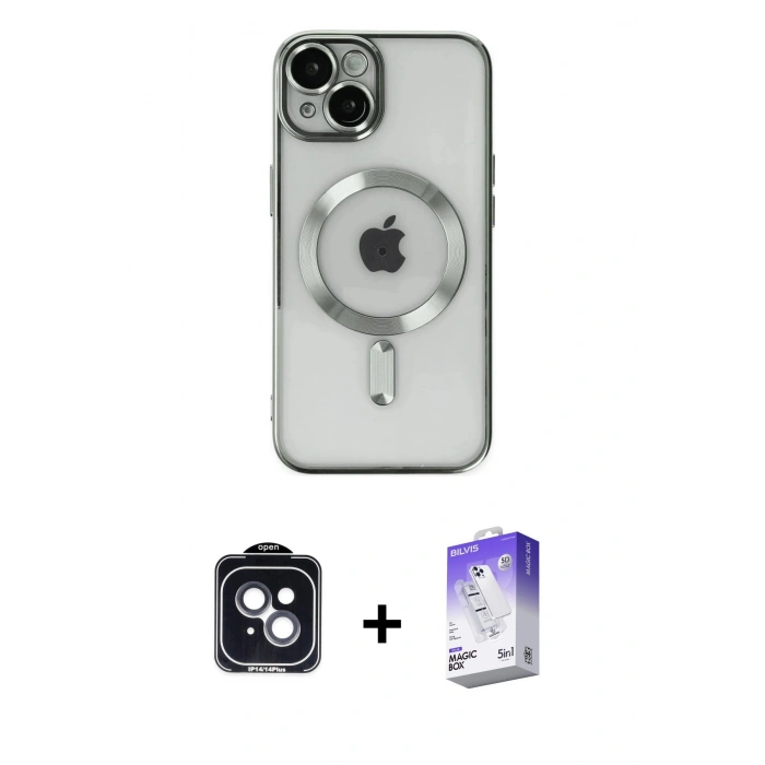 MARSİLYAN™- iPhone 14 Kılıf Nova Işık Özel Seri - Siyah Bilvis 5in1 3D Magic Cam Ekran Koruyucu + Siyah PVD Metal Kamera Lens