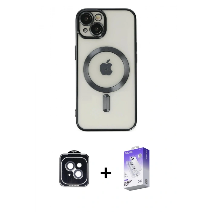 MARSİLYAN™- iPhone 14 Kılıf Nova Işık Özel Seri - Siyah Bilvis 5in1 3D Magic Cam Ekran Koruyucu + Siyah PVD Metal Kamera Lens
