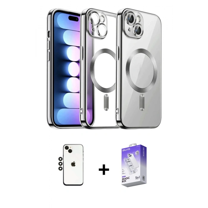 MARSİLYAN™- iPhone 14 Kılıf Nova Işık Özel Seri - Siyah Bilvis 5in1 3D Magic Cam Ekran Koruyucu + Siyah Shine Kamera Lens