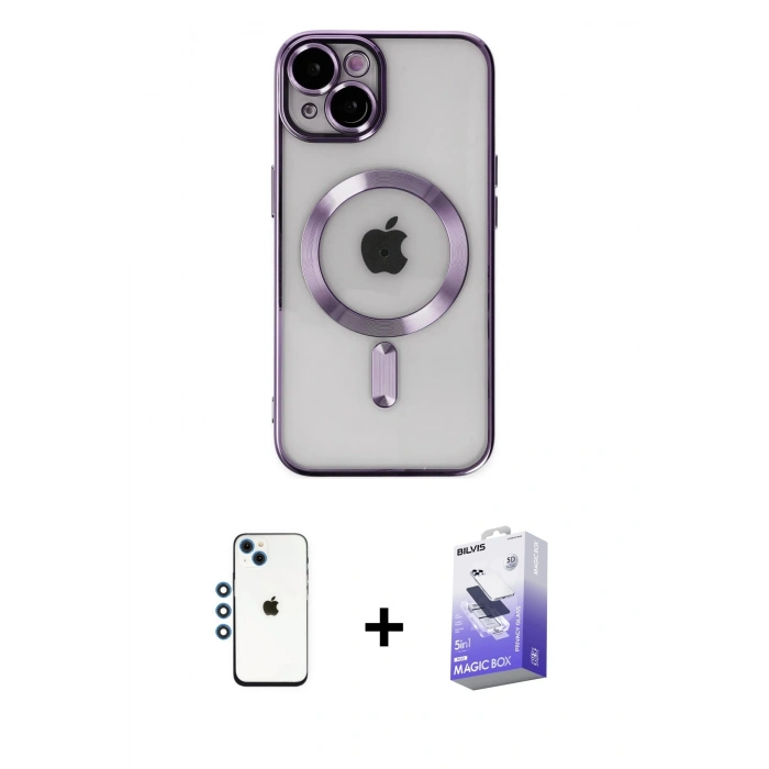 MARSİLYAN™- iPhone 14 Kılıf Nova Işık Özel Seri - Siyah Bilvis 5in1 5D Magic Hayalet Cam Ekran Koruyucu + Shine Kamera Lens - MI