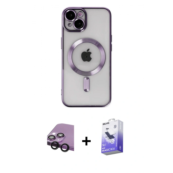 MARSİLYAN™- iPhone 14 Kılıf Nova Işık Özel Seri - Siyah Bilvis 5in1 5D Magic Hayalet Cam Ekran Koruyucu + Raze Metal Kamera Lens - SH