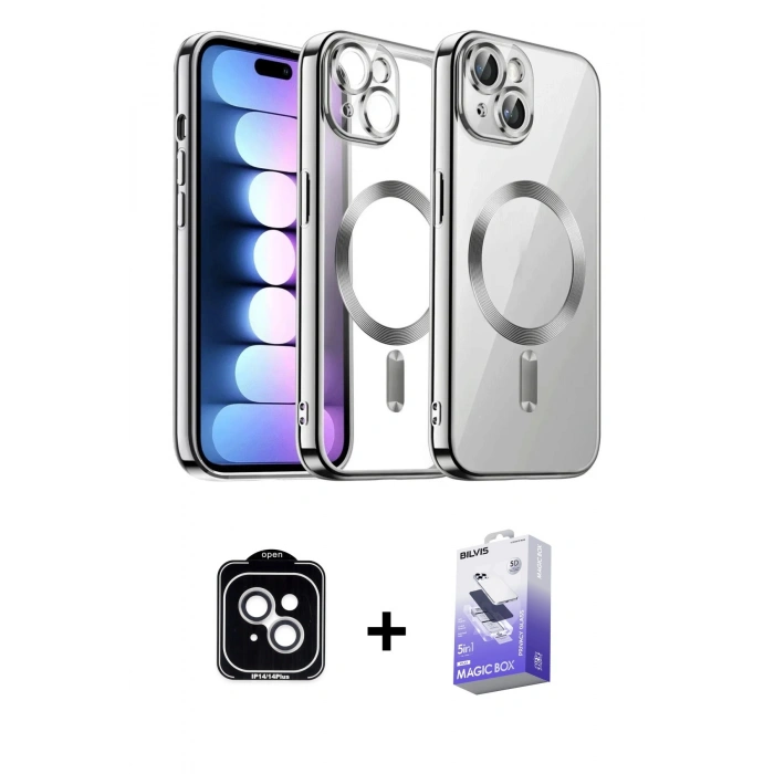 MARSİLYAN™- iPhone 14 Kılıf Nova Işık Özel Seri - Siyah Bilvis 5in1 5D Magic Hayalet Cam Ekran Koruyucu + PVD Metal Kamera Lens - GS