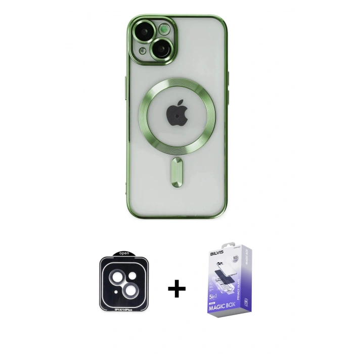 MARSİLYAN™- iPhone 14 Kılıf Nova Işık Özel Seri - Siyah Bilvis 5in1 5D Magic Hayalet Cam Ekran Koruyucu + PVD Metal Kamera Lens - SH