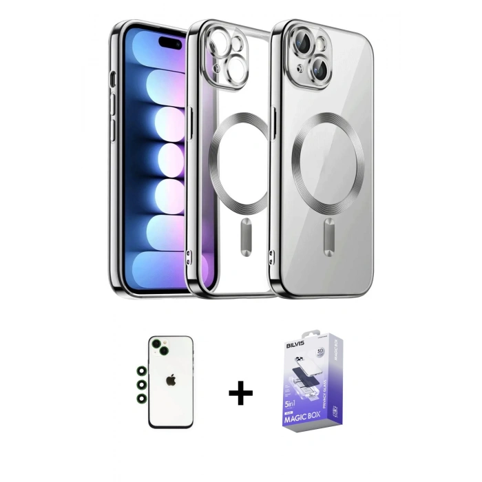 MARSİLYAN™- iPhone 14 Kılıf Nova Işık Özel Seri - Siyah Bilvis 5in1 5D Magic Hayalet Cam Ekran Koruyucu + Shine Kamera Lens - YL