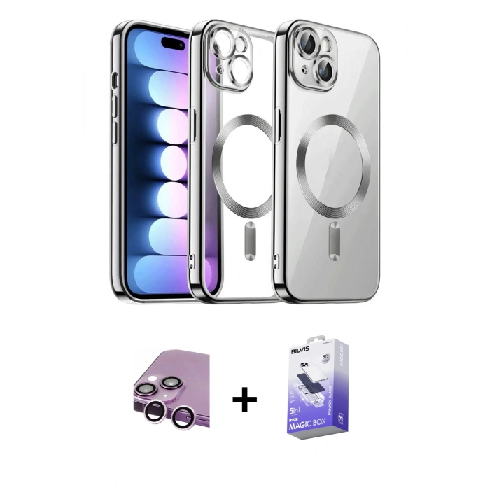 MARSİLYAN™- iPhone 14 Kılıf Nova Işık Özel Seri - Siyah Bilvis 5in1 5D Magic Hayalet Cam Ekran Koruyucu + Raze Metal Kamera Lens - MR