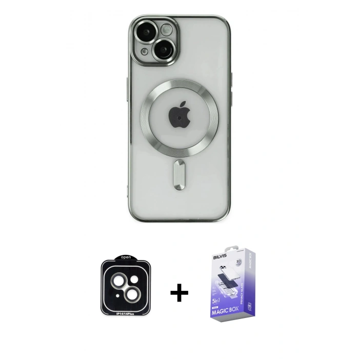 MARSİLYAN™- iPhone 14 Kılıf Nova Işık Özel Seri - Siyah Bilvis 5in1 5D Magic Hayalet Cam Ekran Koruyucu + Yeşil PVD Metal Kamera Lens
