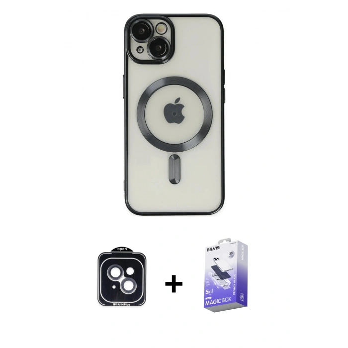 MARSİLYAN™- iPhone 14 Kılıf Nova Işık Özel Seri - Siyah Bilvis 5in1 5D Magic Hayalet Cam Ekran Koruyucu + PVD Metal Kamera Lens - SH