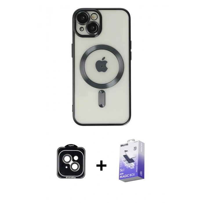 MARSİLYAN™- iPhone 14 Kılıf Nova Işık Özel Seri - Siyah Bilvis 5in1 5D Magic Hayalet Cam Ekran Koruyucu + Yeşil PVD Metal Kamera Lens