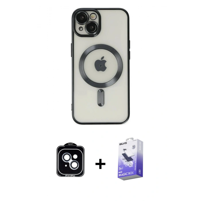 MARSİLYAN™- iPhone 14 Kılıf Nova Işık Özel Seri - Siyah Bilvis 5in1 5D Magic Hayalet Cam Ekran Koruyucu + PVD Metal Kamera Lens - MI