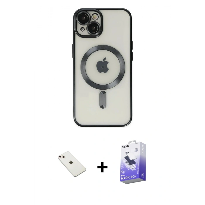 MARSİLYAN™- iPhone 14 Kılıf Nova Işık Özel Seri - Siyah Bilvis 5in1 5D Magic Hayalet Cam Ekran Koruyucu + Diamond Kamera Lens - PE
