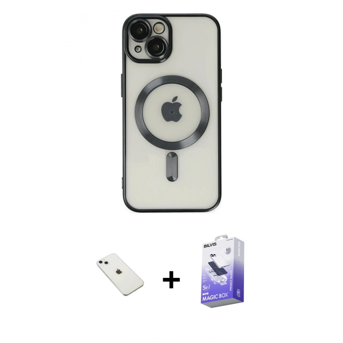 MARSİLYAN™- iPhone 14 Kılıf Nova Işık Özel Seri - Siyah Bilvis 5in1 5D Magic Hayalet Cam Ekran Koruyucu + Diamond Kamera Lens - SABE