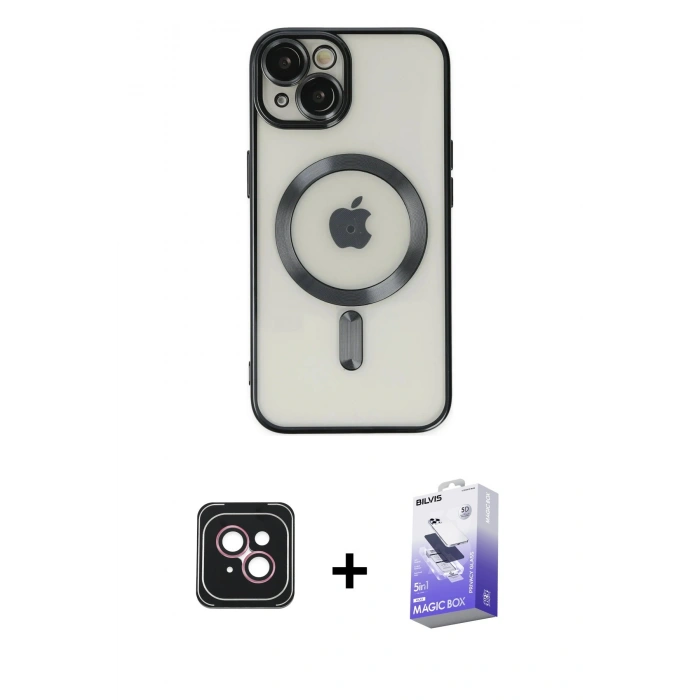 MARSİLYAN™- iPhone 14 Kılıf Nova Işık Özel Seri - Siyah Bilvis 5in1 5D Magic Hayalet Cam Ekran Koruyucu + PVD Metal Kamera Lens - PE