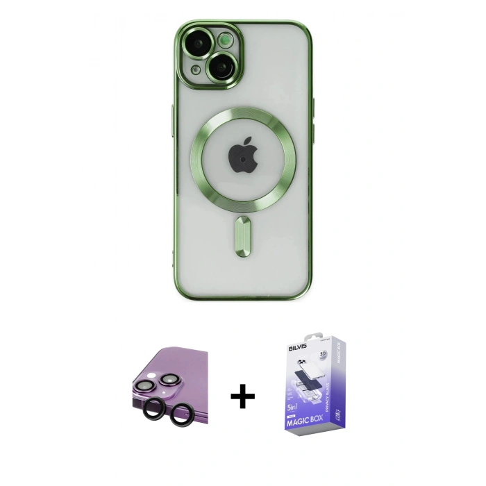 MARSİLYAN™- iPhone 14 Kılıf Nova Işık Özel Seri - Siyah Bilvis 5in1 5D Magic Hayalet Cam Ekran Koruyucu + Raze Metal Kamera Lens - SH