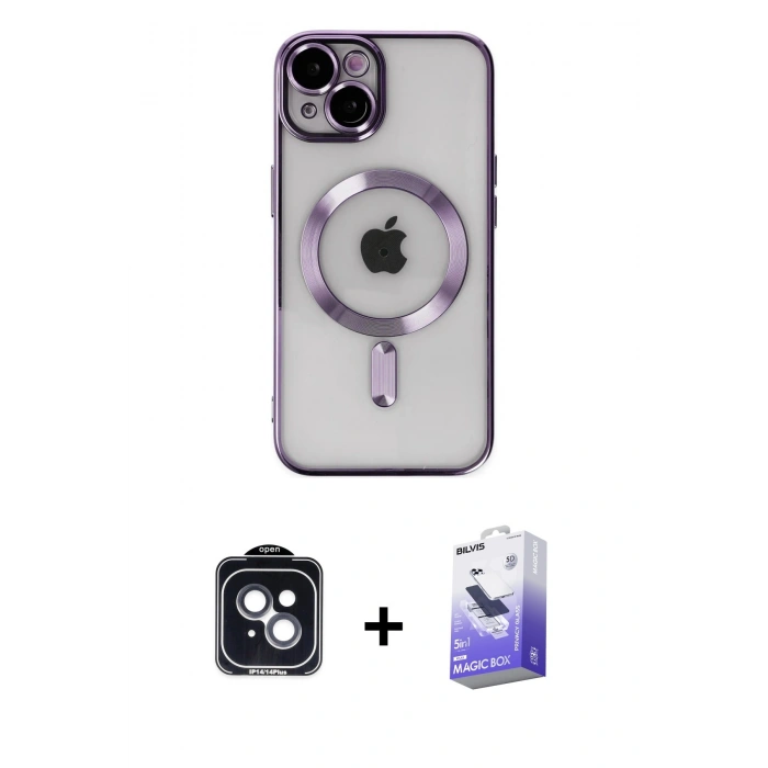 MARSİLYAN™- iPhone 14 Kılıf Nova Işık Özel Seri - Siyah Bilvis 5in1 5D Magic Hayalet Cam Ekran Koruyucu + PVD Metal Kamera Lens - SH