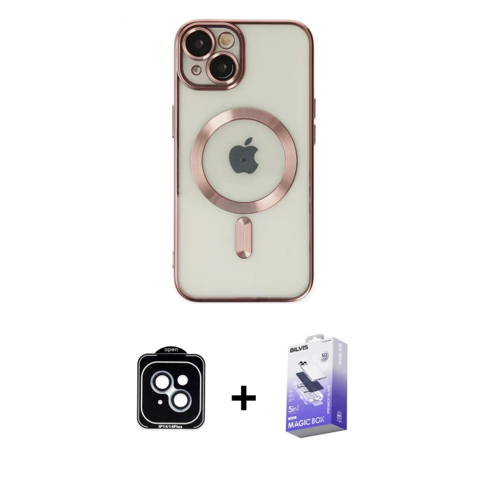 MARSİLYAN™- iPhone 14 Kılıf Nova Işık Özel Seri - Siyah Bilvis 5in1 5D Magic Hayalet Cam Ekran Koruyucu + PVD Metal Kamera Lens - MI