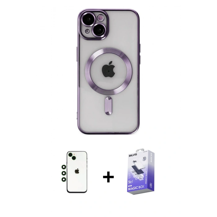 MARSİLYAN™- iPhone 14 Kılıf Nova Işık Özel Seri - Siyah Bilvis 5in1 5D Magic Hayalet Cam Ekran Koruyucu + Shine Kamera Lens - YL