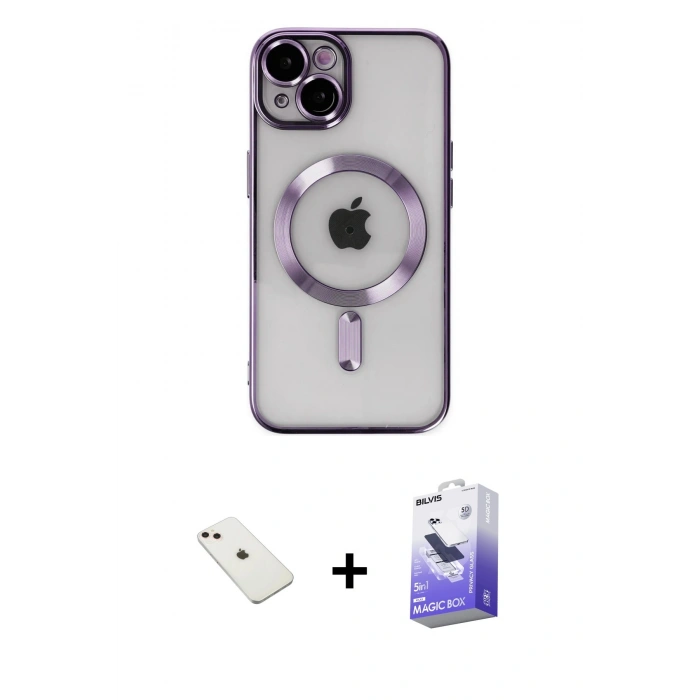 MARSİLYAN™- iPhone 14 Kılıf Nova Işık Özel Seri - Siyah Bilvis 5in1 5D Magic Hayalet Cam Ekran Koruyucu + Diamond Kamera Lens - PE