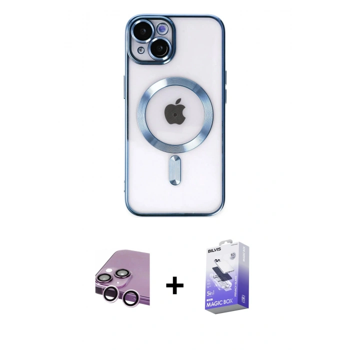 MARSİLYAN™- iPhone 14 Kılıf Nova Işık Özel Seri - Siyah Bilvis 5in1 5D Magic Hayalet Cam Ekran Koruyucu + Raze Metal Kamera Lens - MR