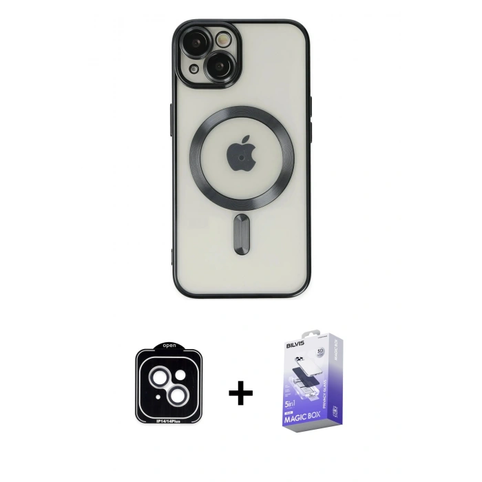 MARSİLYAN™- iPhone 14 Kılıf Nova Işık Özel Seri - Siyah Bilvis 5in1 5D Magic Hayalet Cam Ekran Koruyucu + PVD Metal Kamera Lens - GS