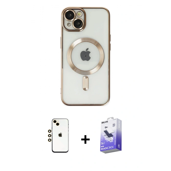 MARSİLYAN™- iPhone 14 Kılıf Nova Işık Özel Seri - Siyah Bilvis 5in1 5D Magic Hayalet Cam Ekran Koruyucu + Gold Shine Kamera Lens
