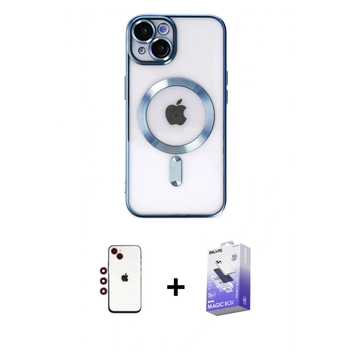 MARSİLYAN™- iPhone 14 Kılıf Nova Işık Özel Seri - Siyah Bilvis 5in1 5D Magic Hayalet Cam Ekran Koruyucu + Shine Kamera Lens - KI