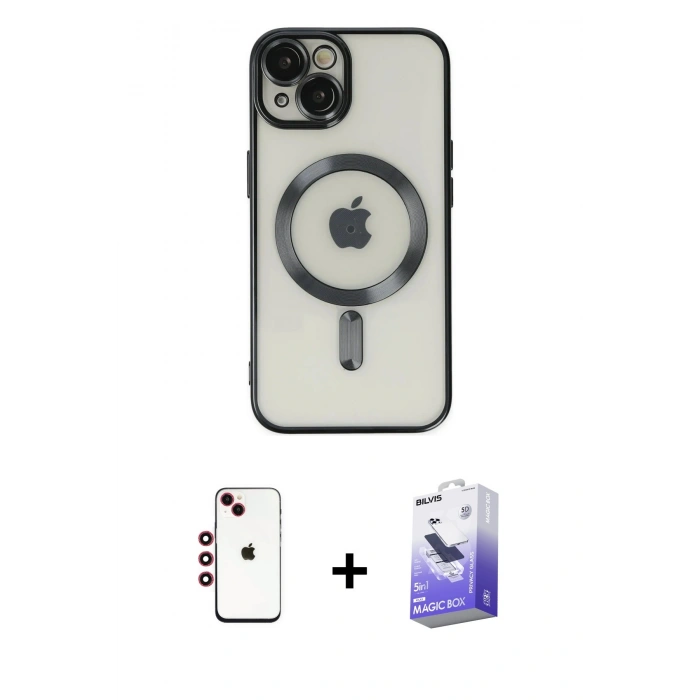 MARSİLYAN™- iPhone 14 Kılıf Nova Işık Özel Seri - Siyah Bilvis 5in1 5D Magic Hayalet Cam Ekran Koruyucu + Shine Kamera Lens - KI