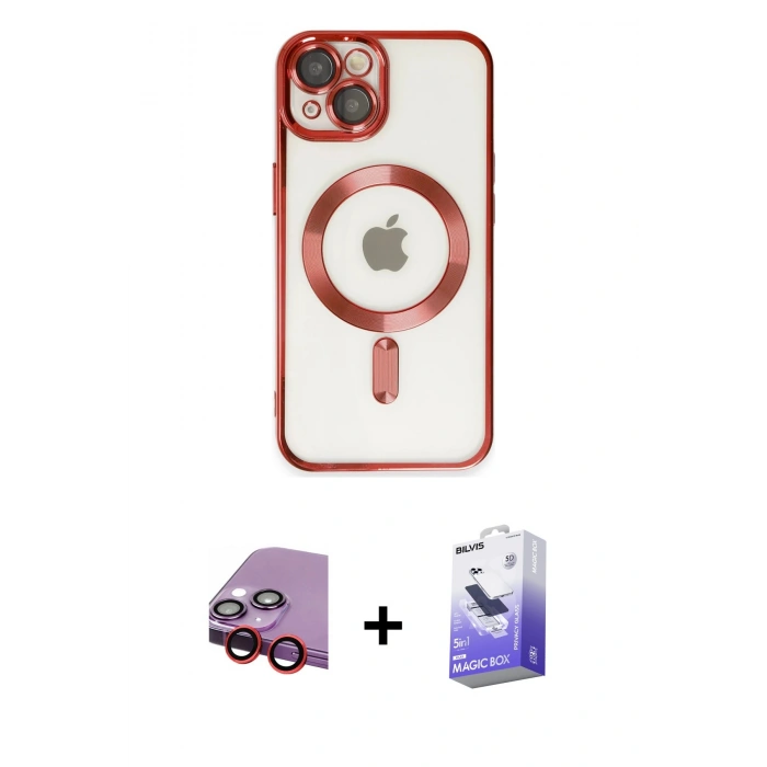 MARSİLYAN™- iPhone 14 Kılıf Nova Işık Özel Seri - Siyah Bilvis 5in1 5D Magic Hayalet Cam Ekran Koruyucu + Kırmızı Raze Metal Kamera Lens