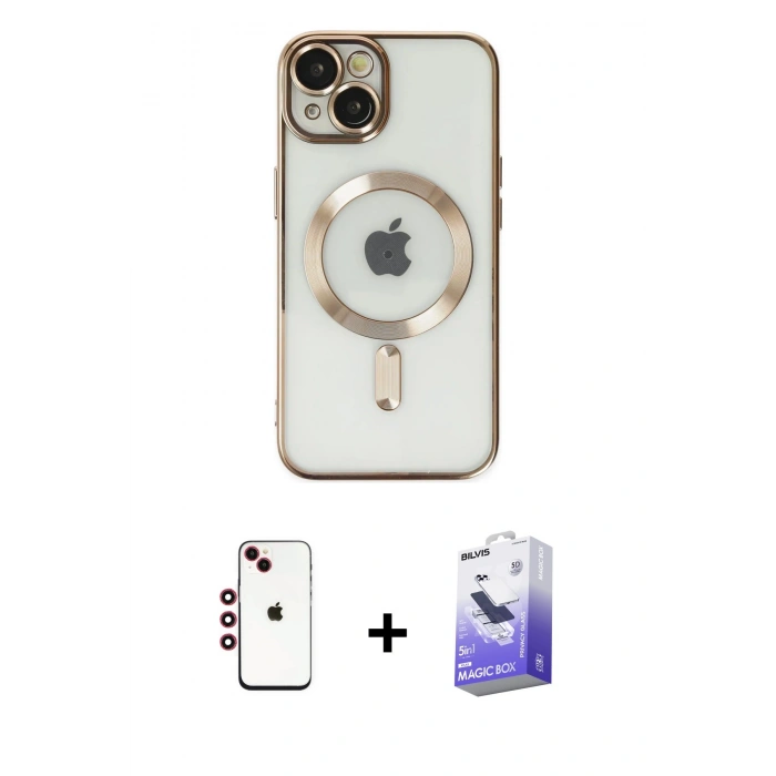 MARSİLYAN™- iPhone 14 Kılıf Nova Işık Özel Seri - Siyah Bilvis 5in1 5D Magic Hayalet Cam Ekran Koruyucu + Shine Kamera Lens - KI