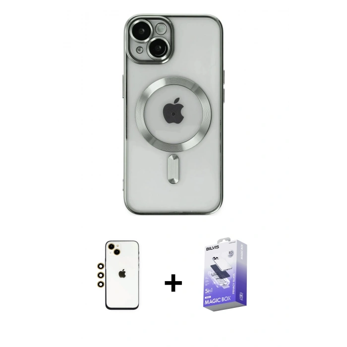 MARSİLYAN™- iPhone 14 Kılıf Nova Işık Özel Seri - Siyah Bilvis 5in1 5D Magic Hayalet Cam Ekran Koruyucu + Gold Shine Kamera Lens