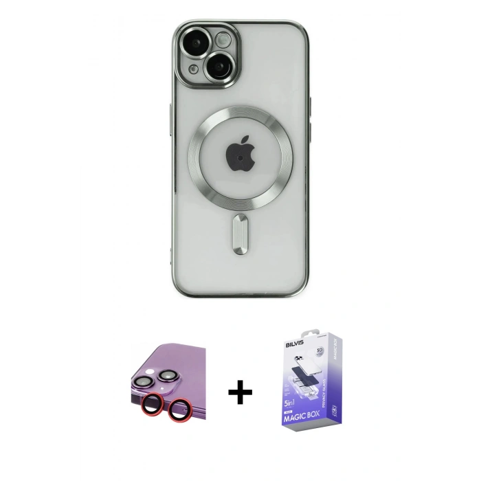 MARSİLYAN™- iPhone 14 Kılıf Nova Işık Özel Seri - Siyah Bilvis 5in1 5D Magic Hayalet Cam Ekran Koruyucu + Kırmızı Raze Metal Kamera Lens