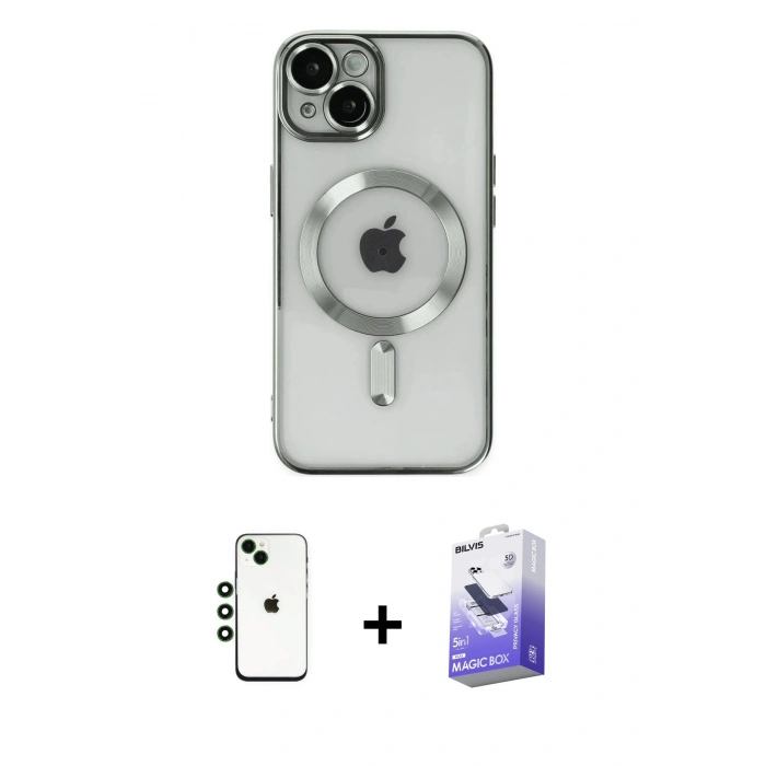 MARSİLYAN™- iPhone 14 Kılıf Nova Işık Özel Seri - Siyah Bilvis 5in1 5D Magic Hayalet Cam Ekran Koruyucu + Shine Kamera Lens - YL