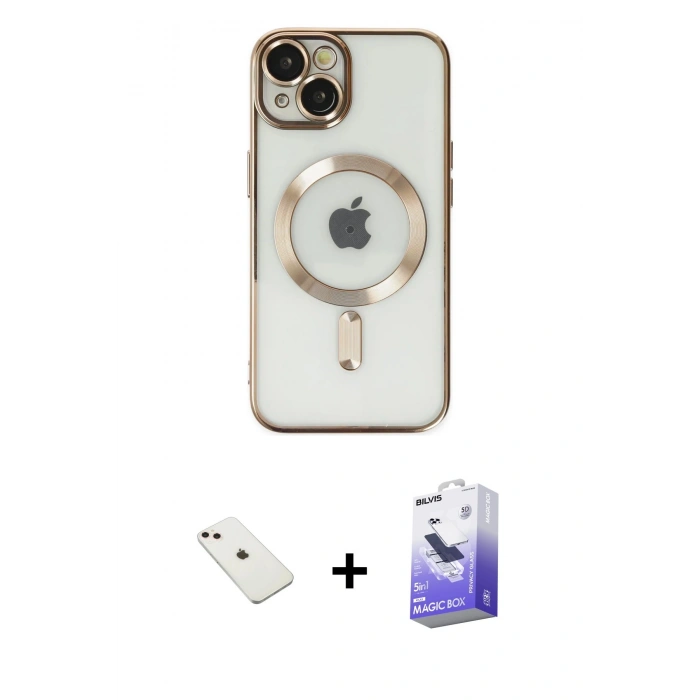 MARSİLYAN™- iPhone 14 Kılıf Nova Işık Özel Seri - Siyah Bilvis 5in1 5D Magic Hayalet Cam Ekran Koruyucu + Diamond Kamera Lens - PE