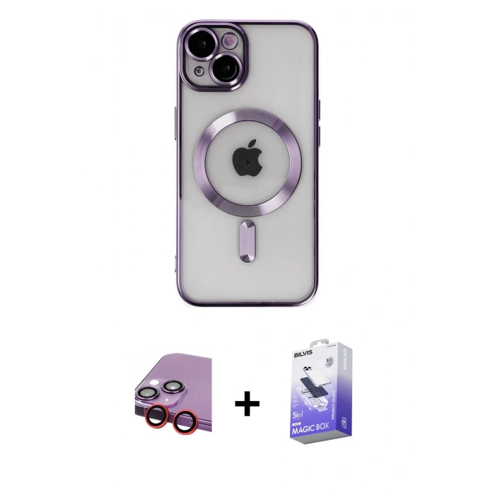 MARSİLYAN™- iPhone 14 Kılıf Nova Işık Özel Seri - Siyah Bilvis 5in1 5D Magic Hayalet Cam Ekran Koruyucu + Kırmızı Raze Metal Kamera Lens