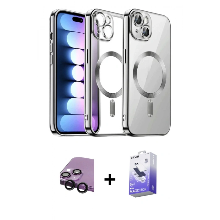 MARSİLYAN™- iPhone 14 Kılıf Nova Işık Özel Seri - Siyah Bilvis 5in1 5D Magic Hayalet Cam Ekran Koruyucu + Raze Metal Kamera Lens - SH