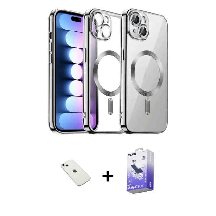 MARSİLYAN™- iPhone 14 Kılıf Nova Işık Özel Seri - Siyah Bilvis 5in1 5D Magic Hayalet Cam Ekran Koruyucu + Diamond Kamera Lens - SABE