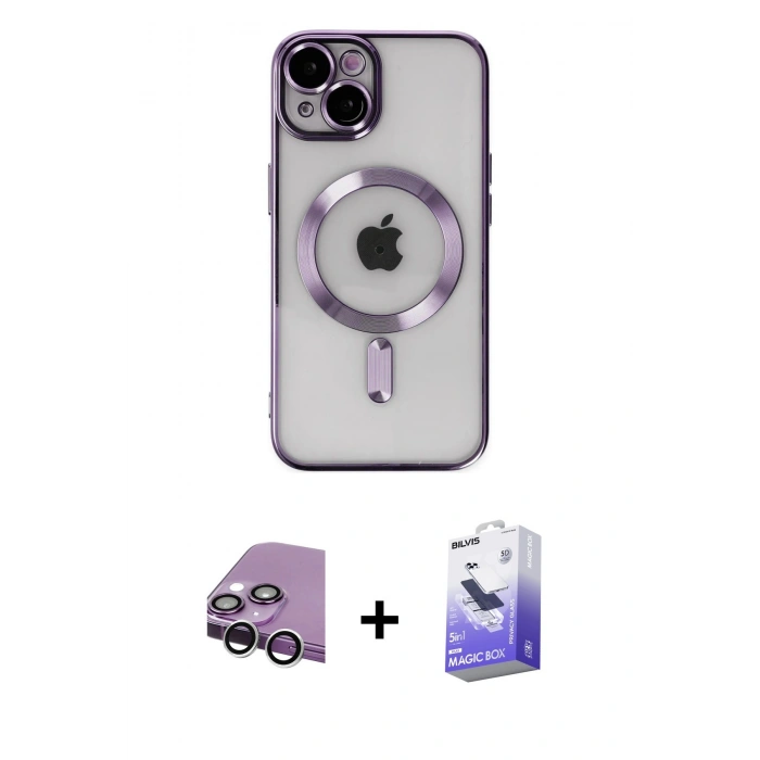 MARSİLYAN™- iPhone 14 Kılıf Nova Işık Özel Seri - Siyah Bilvis 5in1 5D Magic Hayalet Cam Ekran Koruyucu + Raze Metal Kamera Lens - GS