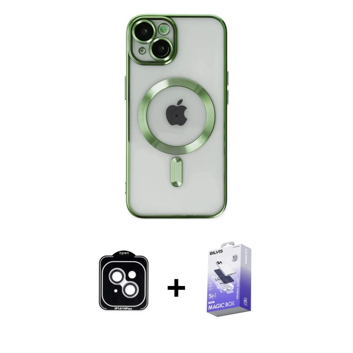MARSİLYAN™- iPhone 14 Kılıf Nova Işık Özel Seri - Siyah Bilvis 5in1 5D Magic Hayalet Cam Ekran Koruyucu + PVD Metal Kamera Lens - GS