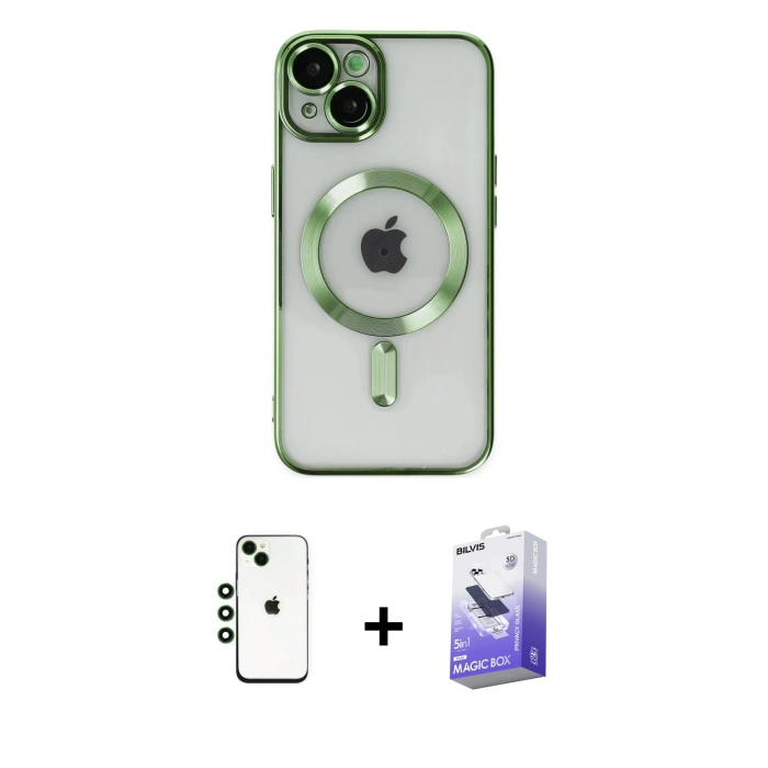 MARSİLYAN™- iPhone 14 Kılıf Nova Işık Özel Seri - Siyah Bilvis 5in1 5D Magic Hayalet Cam Ekran Koruyucu + Shine Kamera Lens - YL
