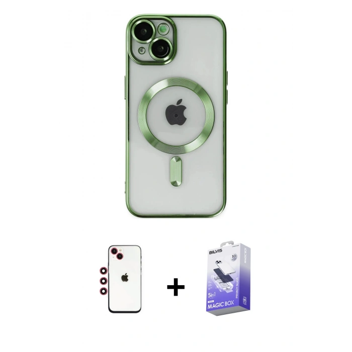 MARSİLYAN™- iPhone 14 Kılıf Nova Işık Özel Seri - Siyah Bilvis 5in1 5D Magic Hayalet Cam Ekran Koruyucu + Shine Kamera Lens - KI