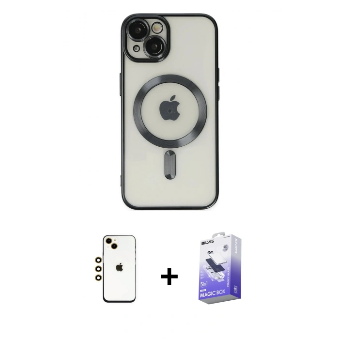 MARSİLYAN™- iPhone 14 Kılıf Nova Işık Özel Seri - Siyah Bilvis 5in1 5D Magic Hayalet Cam Ekran Koruyucu + Shine Kamera Lens - GD